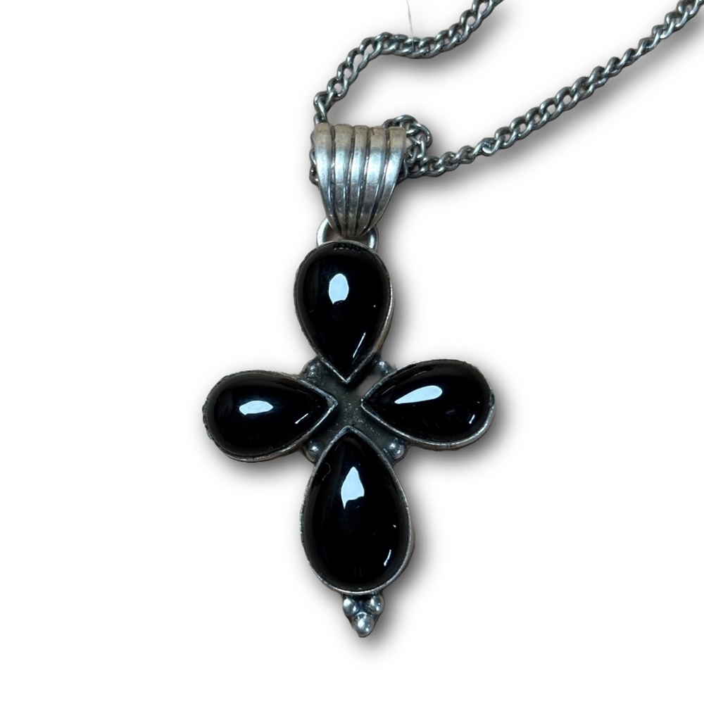 Vintage 925 Silver Onyx Cross Pendant (Chain Not Included)